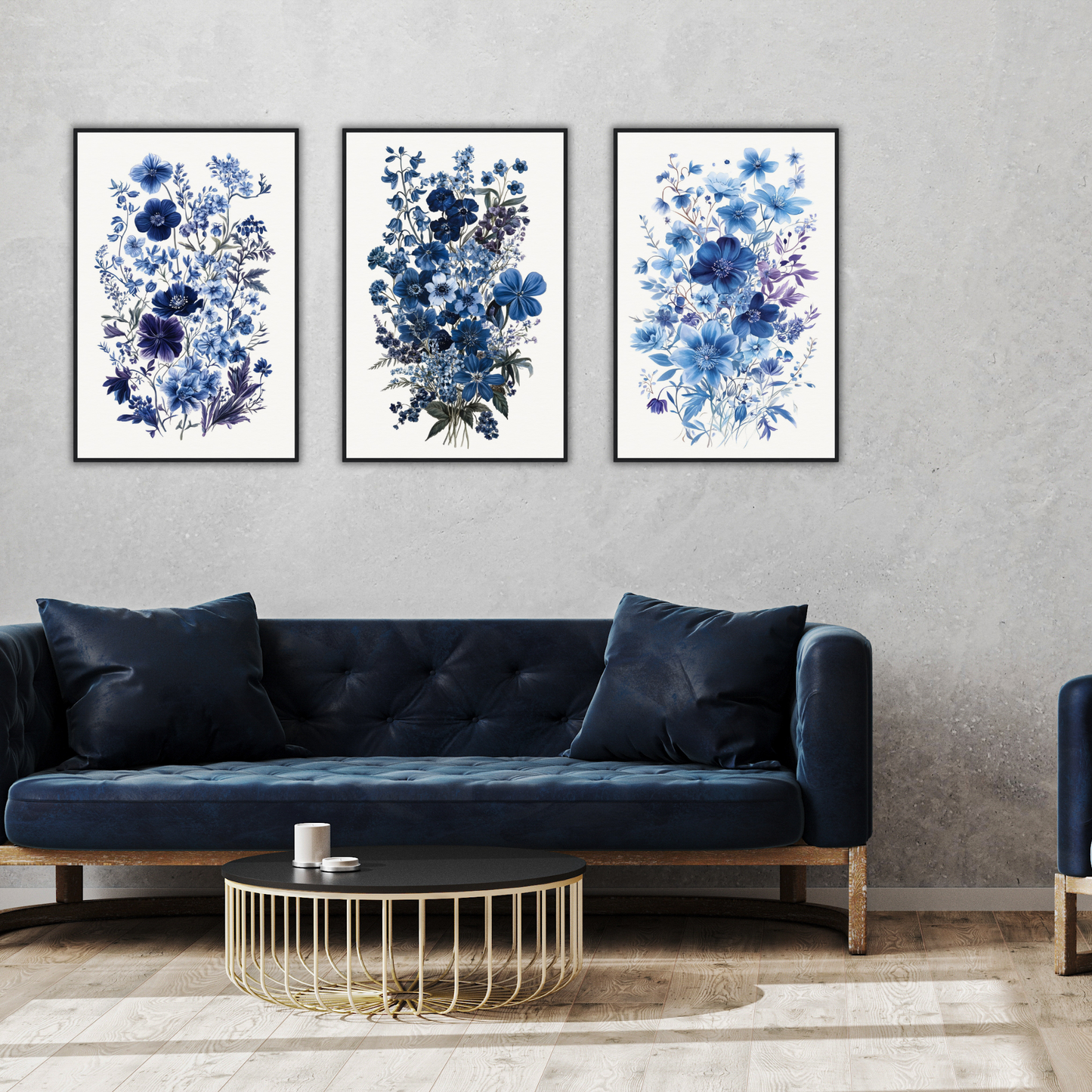 Vintage Blue Wildflower Art Set of Three | Azure Serenity