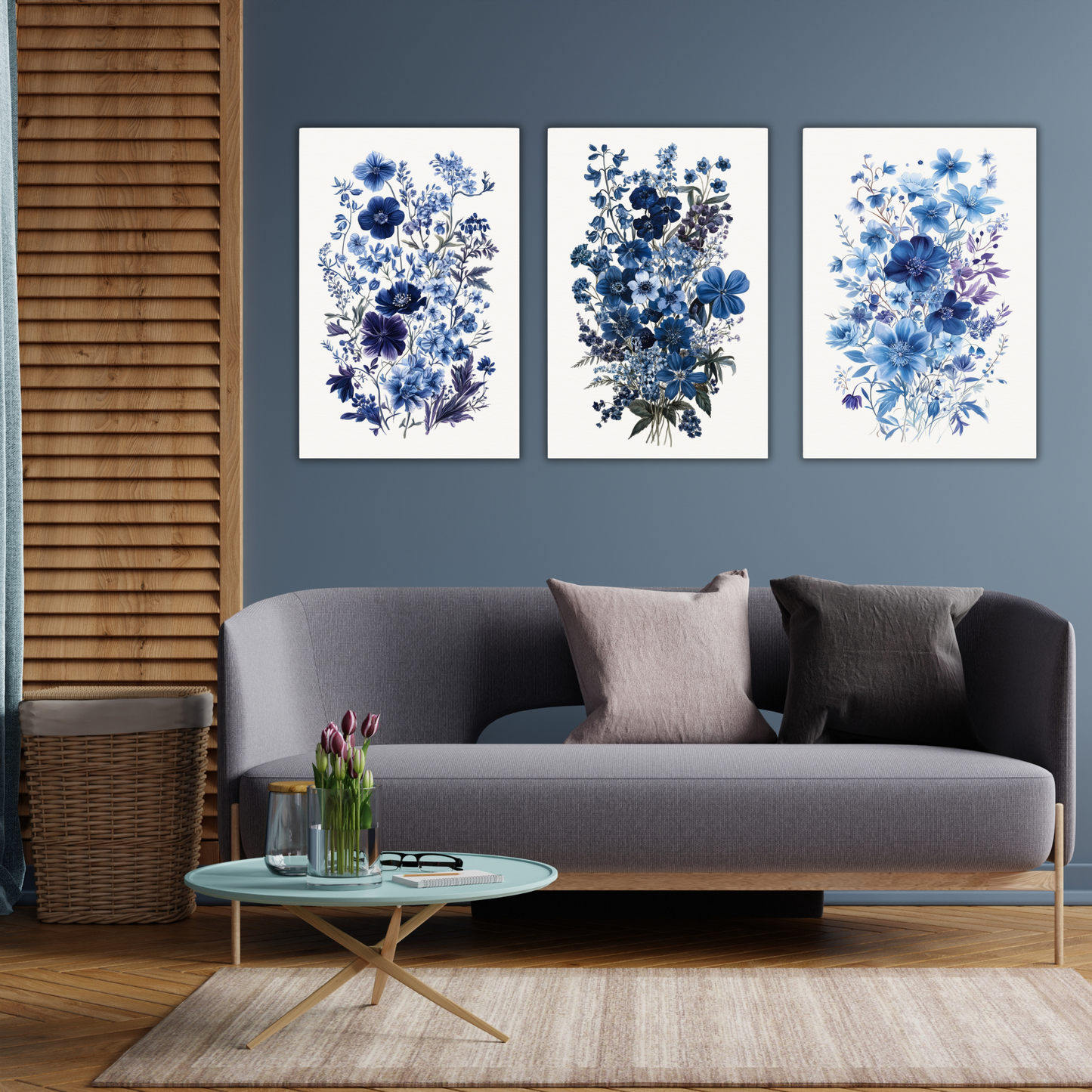 Vintage Blue Wildflower Art Set of Three | Azure Serenity